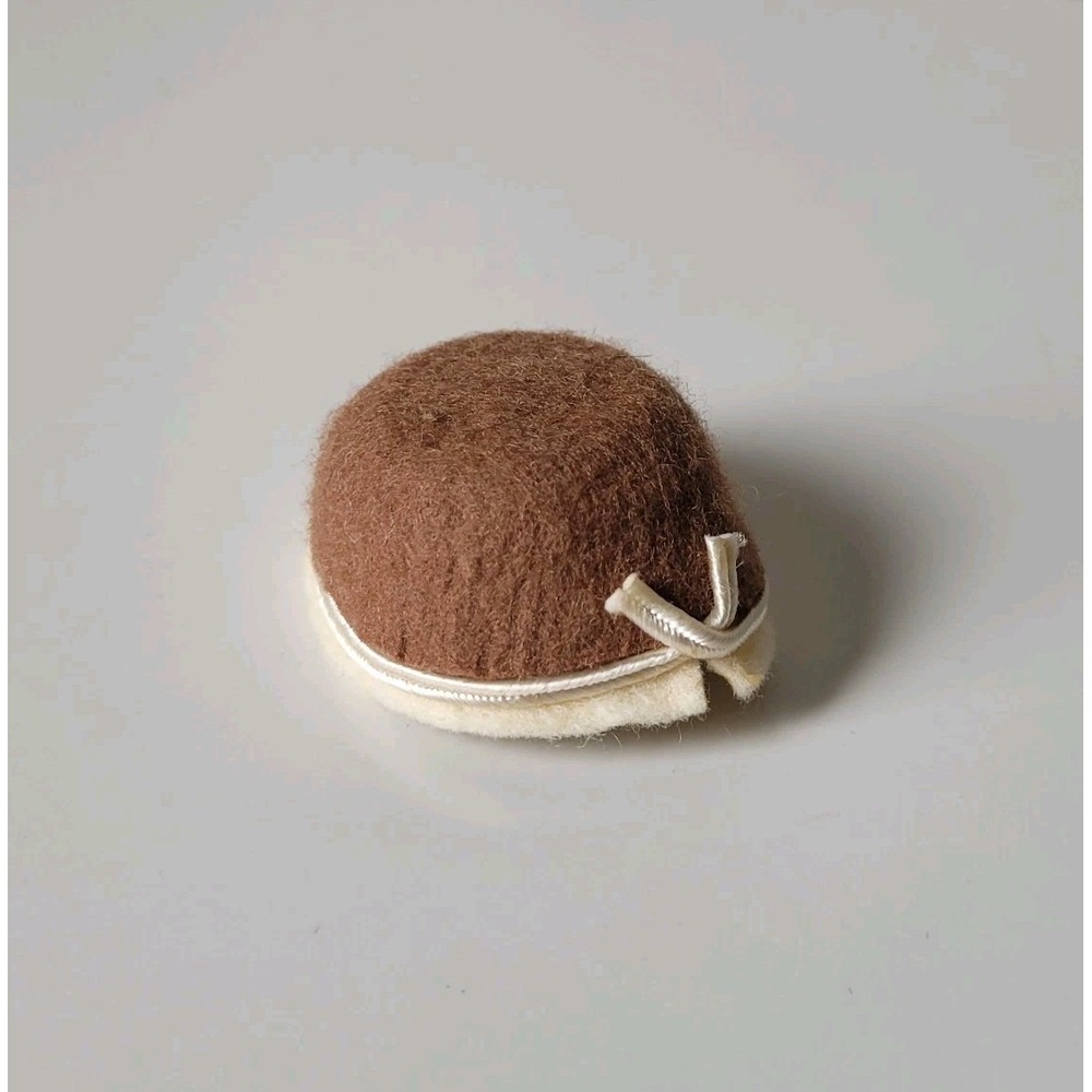 1960s Style Tiny Brown‎ Wool Felt Doll Pillbox Hat with Ivory Cord Accent